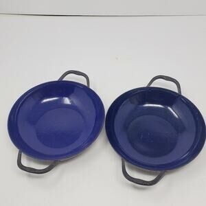 Vintage Small Set of 2 Enamelware Dark blue handled bowl 6"